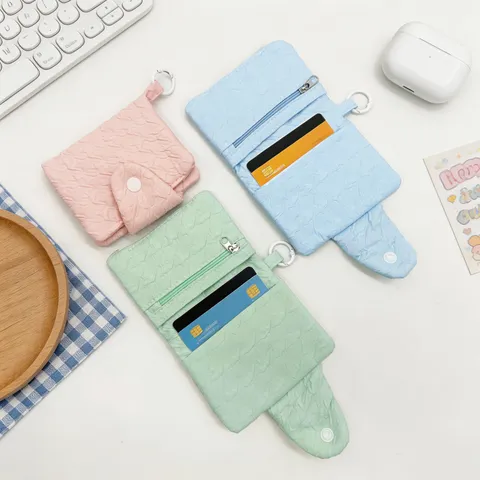 Women Pleated Mini Coin Purse Sweet Macaron Color Card Holder With Hook Clip Portable Small Pouch Snap Button Wallet For Daily