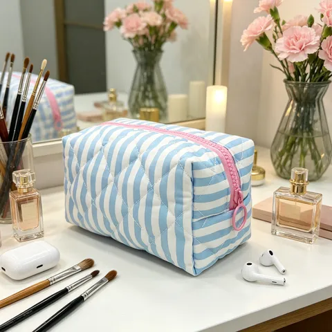 Quilted Striped Makeup Bag Portable Large Capacity Cosmetic Pouch Storage Bag Cute Colorblock Toiletry Bag For Women