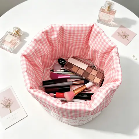 Pink Bowknot Quilted Fabric Desktop Storage Basket Ins Style Foldable Cloth Sundries Organizer Bag For Home Kitchen Office