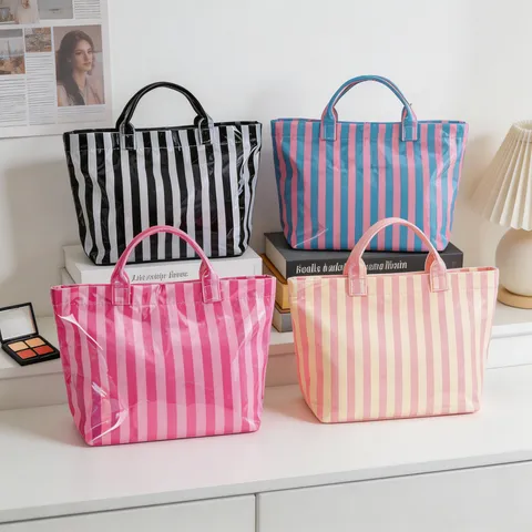 Bolso Tote de Rayas de PVC para Mujer Gran Capacidad Impermeable Bolso de Mano de Viaje Moda Casual Bolso de Hombro