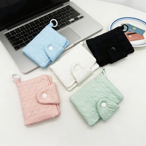 Women Pleated Mini Coin Purse Sweet Macaron Color Card Holder With Hook Clip Portable Small Pouch Snap Button Wallet For Daily