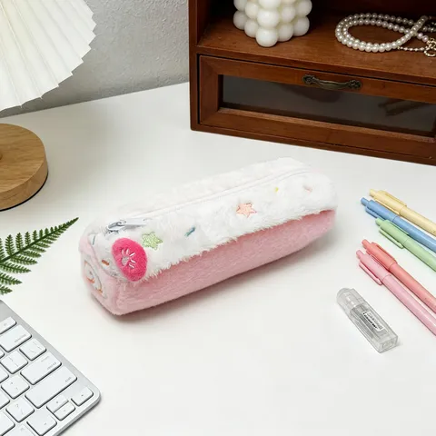 Estuche para Lápices de Peluche Estilo Japonés Rollo Suizo Gran Capacidad Bolsa de Papelería Linda