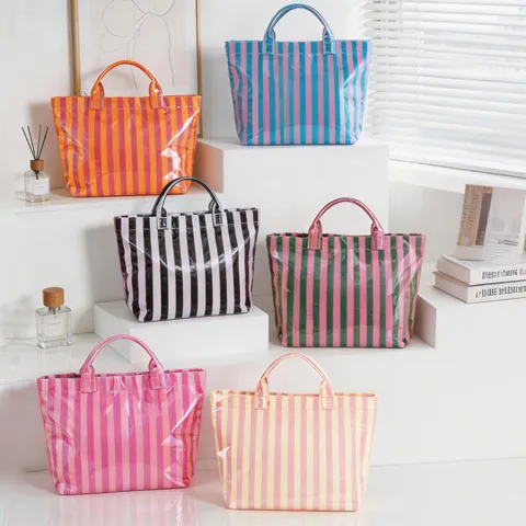 Bolso Tote de Rayas de PVC para Mujer Gran Capacidad Impermeable Bolso de Mano de Viaje Moda Casual Bolso de Hombro