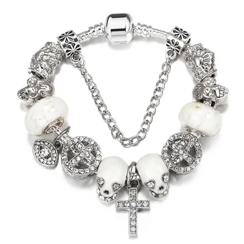 Punk Style Skull Luminous Bracelet For Women Alloy Rhinestone Charm Bracelet Gothic Cross Heart Beads Jewelry