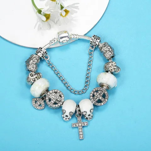 Punk Style Skull Luminous Bracelet For Women Alloy Rhinestone Charm Bracelet Gothic Cross Heart Beads Jewelry
