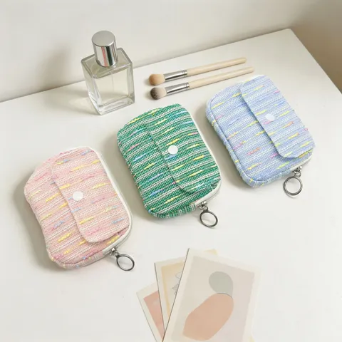 Women Tweed Flap Coin Purse Mini Portable Polyester Weaving Storage Bag For Lipstick Earphone Small Change Chanel Style