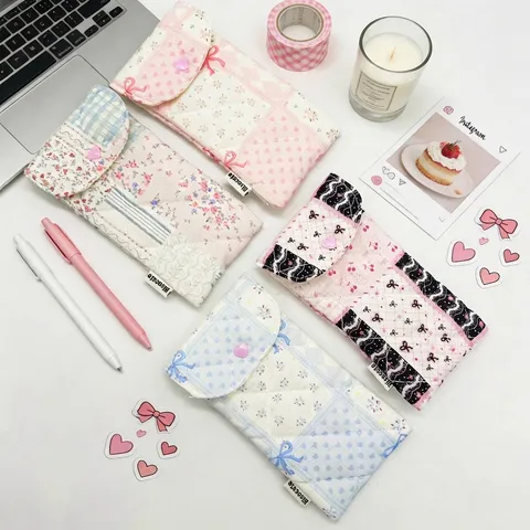 Korean Style Quilted Floral Pencil Case Large Capacity Stationery Bag With Snap Button For Students Women Makeup Bag