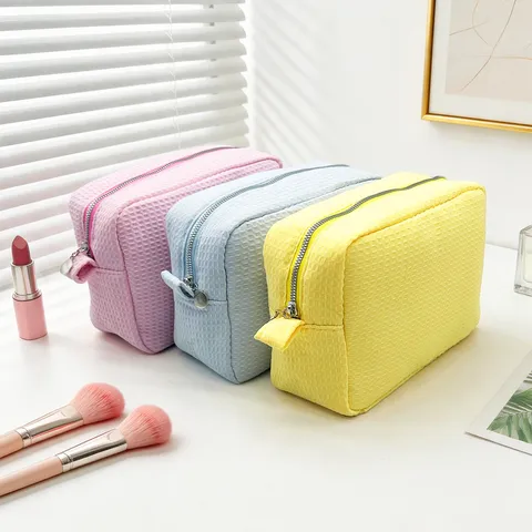 Neceser de Maquillaje Portátil de Gran Capacidad de Tejido de Gofre para Mujer Bolsa de Almacenamiento de Poliéster Minimalista Urbana