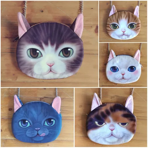 Bolso Bandolera con Cadena de Cara de Gato Realista 3D para Mujer Bolso de Hombro de Nailon con Estampado de Animal y Orejas 3D
