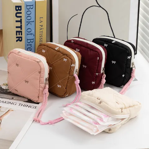 Quilted Bow Makeup Bag Polyester Cosmetic Organizer Sanitary Napkin Pouch Portable Travel Toiletry Bag For Women Storage Pouch