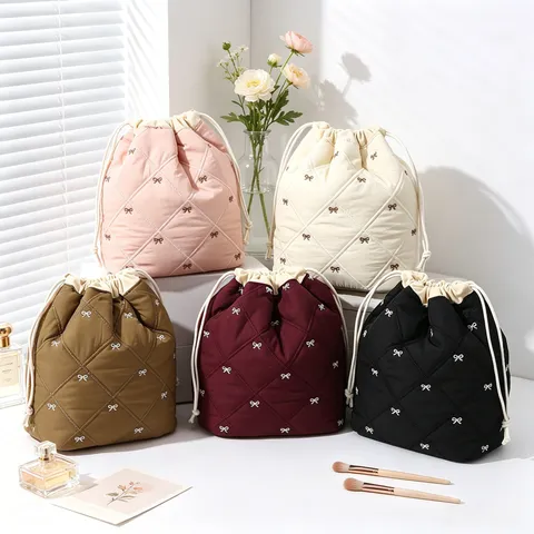 Quilted Cotton Bow Embroidery Drawstring Cosmetic Bag Large Capacity Portable Travel Makeup Storage Pouch Organizer