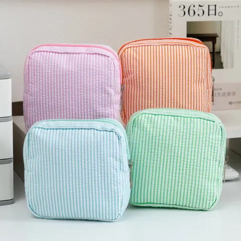 Bolsa de Cosméticos de Seersucker Rayado para Mujeres Portátil Ligero Organizador de Viaje Bolsa de Almacenamiento Funda para Almohadillas Sanitarias