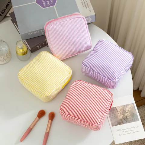 Bolsa de Cosméticos de Seersucker Rayado para Mujeres Portátil Ligero Organizador de Viaje Bolsa de Almacenamiento Funda para Almohadillas Sanitarias