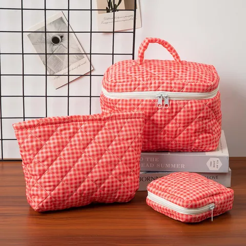 Bolsa de Maquillaje Acolchada a Cuadros Poliéster Organizador de Viaje Para Mujer Neceser de Almacenamiento Gran Capacidad