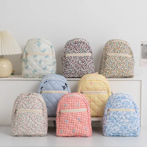 Mochila Acolchada Dulce para Mujer Lazo Bordado Gran Capacidad Mochila Escolar Floral Cuadros Ligera Bolsa de Viaje