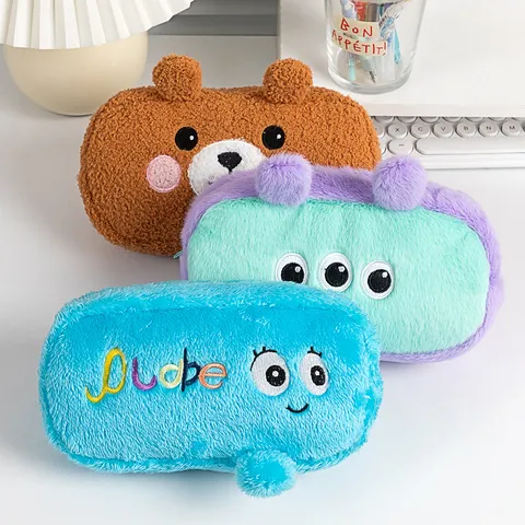 Estuche de Lápices de Peluche Lindo Gran Capacidad Diseño de Monstruo Oso Caja de Papelería Estudiante Bolsa de Almacenamiento Cremallera