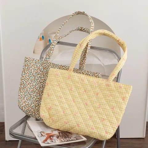 Bolso Tote Acolchado INS Coreano para Mujer Gran Capacidad Patrón Cuadros Floral Bordado Lazo Bolso de Hombro Poliéster