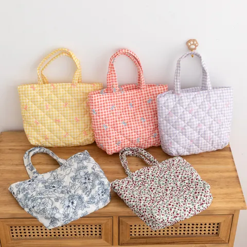 Bolsa de Maquillaje Acolchada Floral para Mujer Gran Capacidad Bolso Gingham Lazo Bordado Viaje Bolsa de Almacenamiento Cosmético