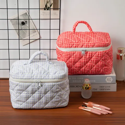 Bolsa de Maquillaje Acolchada a Cuadros Poliéster Organizador de Viaje Para Mujer Neceser de Almacenamiento Gran Capacidad