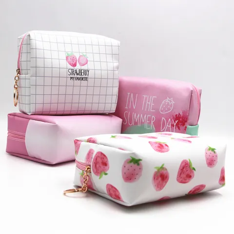 Neceser De Cuero PU Impermeable Estilo Coreano Con Patrón De Fresa Gran Capacidad Bolsa De Cosméticos De Viaje Portátil Para Mujeres