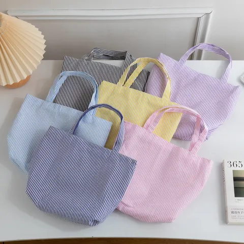 Bolso Tote de Seersucker a Rayas para Mujer Estilo Retro Relajado Gran Capacidad Bolso de Compras Bolso de Hombro Verano