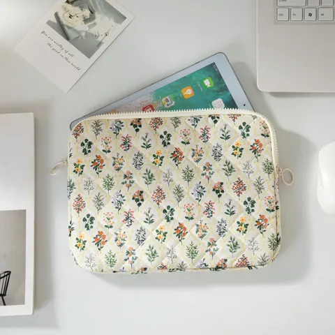 Fresh Sweet Floral Printed Quilted Tablet Sleeve Bag Anti Fall Shockproof Wear Resistant Computer Inner Pouch For School Commuting Women