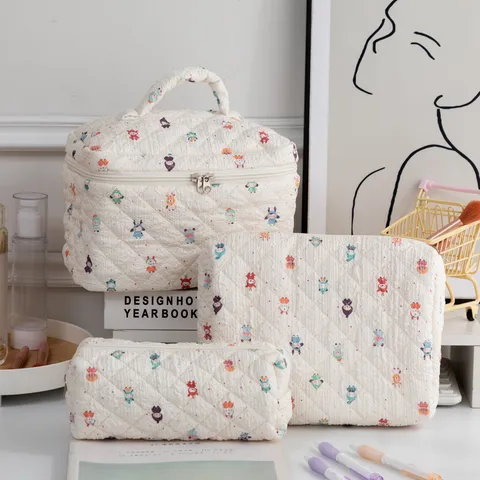 Neceser de Maquillaje Acolchado con Relieve Kawaii para Mujer Gran Capacidad Organizador de Viaje Portátil Patrón de Dibujos Animados Poliéster