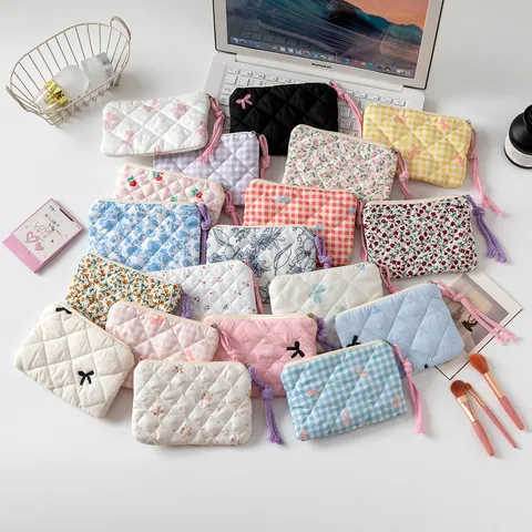 Neceser Acolchado Floral Mini Organizador de Pintalabios Auriculares Bolsa Pequeña de Poliéster Portátil con Cremallera