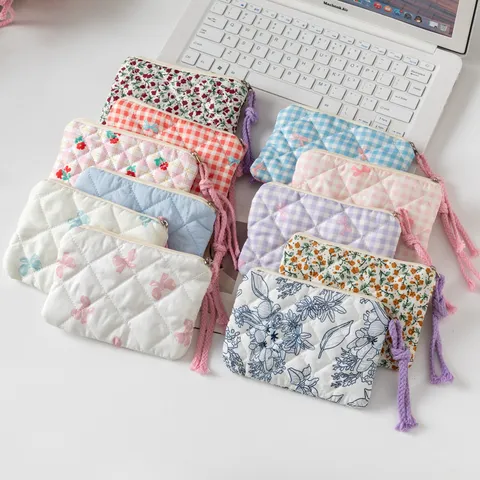 Neceser Acolchado Floral Mini Organizador de Pintalabios Auriculares Bolsa Pequeña de Poliéster Portátil con Cremallera