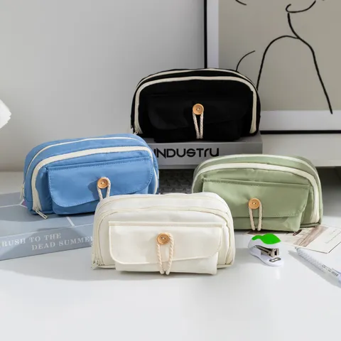 Estuche de Lápices de Tela Oxford de Gran Capacidad Estilo Minimalista Japonés Bolsa de Papelería de Doble Cremallera Botón Madera
