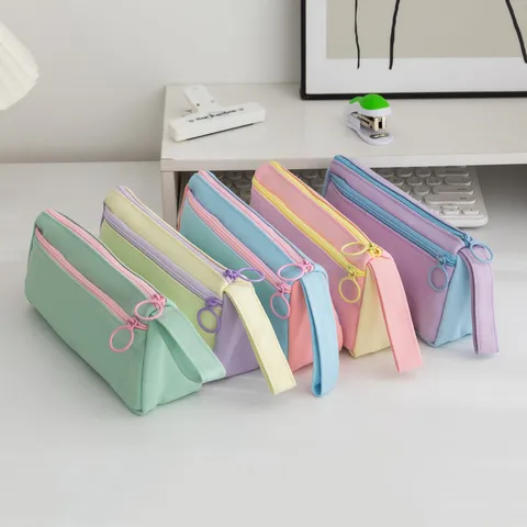 Minimalist Color Block Oxford Fabric Pencil Case Large Capacity Double Zipper Stationery Pouch Bag With Handle For Students School Office Storage Organizer Box