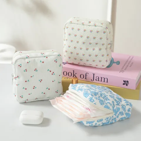 Corduroy Opbergtas Voor Damesverband Bloemen Draagbare Menstruatiepad Tas Met Rits Grote Capaciteit Cosmetische Organizer Voor Vrouwen