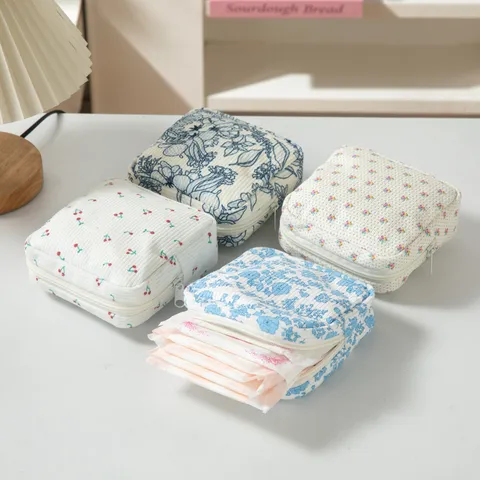 Corduroy Opbergtas Voor Damesverband Bloemen Draagbare Menstruatiepad Tas Met Rits Grote Capaciteit Cosmetische Organizer Voor Vrouwen