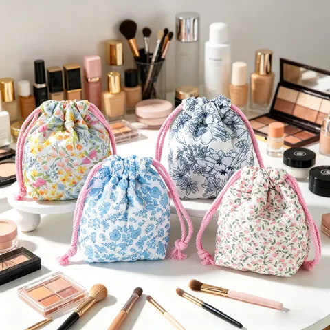 Korean Style Quilted Floral Makeup Bag Portable Drawstring Pouch Women Travel Cosmetic Organizer Toiletry Storage Bag