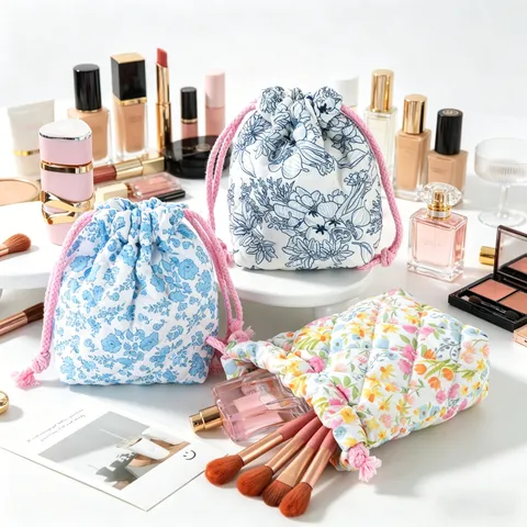 Korean Style Quilted Floral Makeup Bag Portable Drawstring Pouch Women Travel Cosmetic Organizer Toiletry Storage Bag