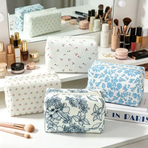 Koreanischer Stil Cord Blumen Kosmetiktasche Große Kapazität Tragbare Reise Kulturbeutel Reißverschluss Aufbewahrungstasche Für Damen