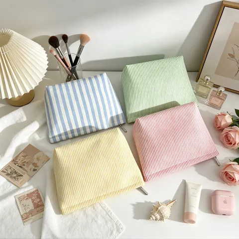 Neceser de Viaje a Rayas de Seersucker Gran Capacidad Portátil Bolsa de Aseo Organizador de Maquillaje Bolso de Mano para Mujer