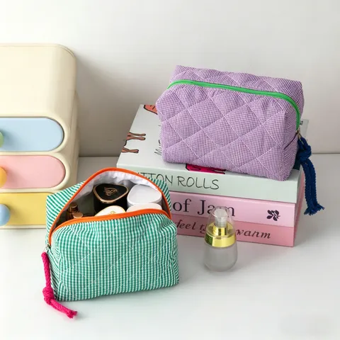 Bolsa de Cosméticos de Cuadros Gingham Acolchada Gran Capacidad Portátil de Poliéster Neceser Bloque de Color Organizador de Maquillaje