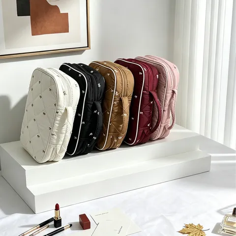 Bolsa de Almacenamiento de Gran Capacidad Acolchada con Lazo Bordado para Mujer Neceser de Viaje Portátil Bolsa Protectora de Libros