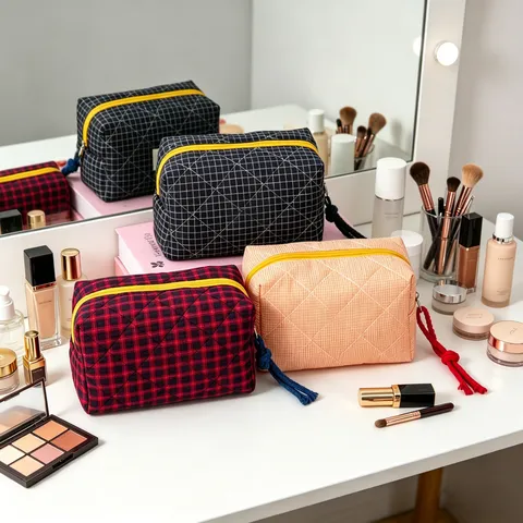 Bolsa de Cosméticos de Cuadros Gingham Acolchada Gran Capacidad Portátil de Poliéster Neceser Bloque de Color Organizador de Maquillaje