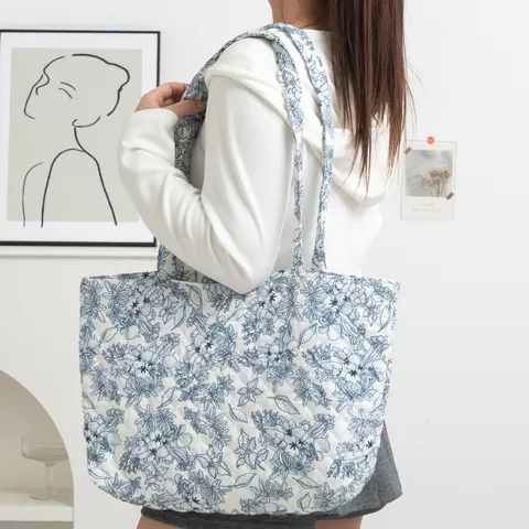 Bolso Tote Acolchado INS Coreano para Mujer Gran Capacidad Patrón Cuadros Floral Bordado Lazo Bolso de Hombro Poliéster
