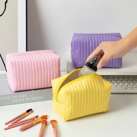 Grote Capaciteit PU Leer Make-up Tas Waterdicht Gewatteerde Streep Reizen Toiletartikelen Opbergtas Macaron Kleur Organizer