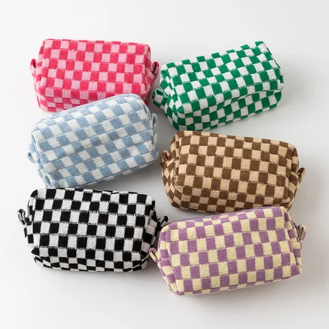 Knitted Checkerboard Cosmetic Bag Large Capacity Yarn Makeup Organizer Travel Toiletry Bag Portable Grid Storage Bag