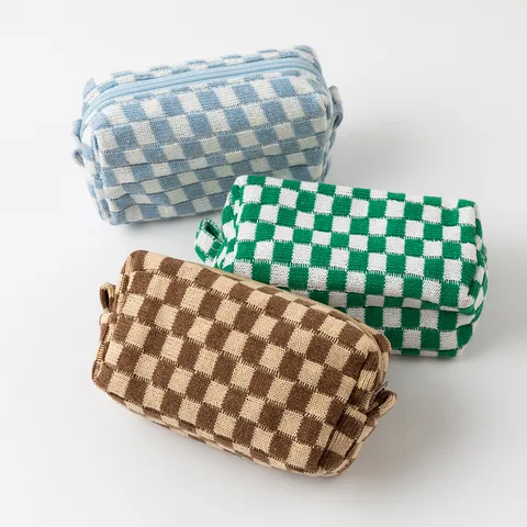 Knitted Checkerboard Cosmetic Bag Large Capacity Yarn Makeup Organizer Travel Toiletry Bag Portable Grid Storage Bag