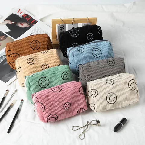 Bolsa de Maquillaje de Pana Cara Sonriente Gran Capacidad Estilo Académico Estuche Cosmético de Viaje Estético para Mujer