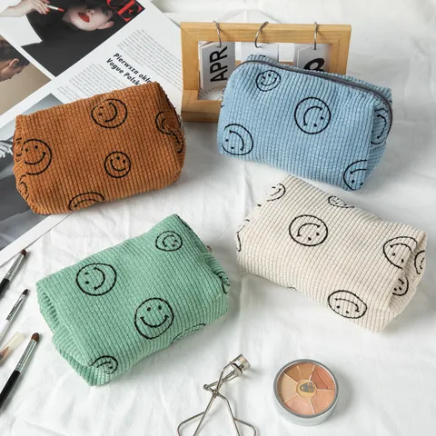 Bolsa de Maquillaje de Pana Cara Sonriente Gran Capacidad Estilo Académico Estuche Cosmético de Viaje Estético para Mujer