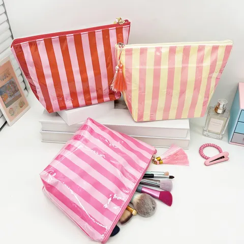 Trousse à Maquillage Rayée en PVC Imperméable Trousse de Toilette Voyage Grande Capacité Avec Gland Organisateur Femme
