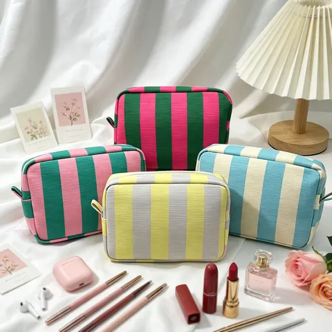 Bolsa de Maquillaje de Pana a Rayas Vintage Gran Capacidad Neceser de Viaje Portátil con Cremallera Organizador Cosmético Mujer