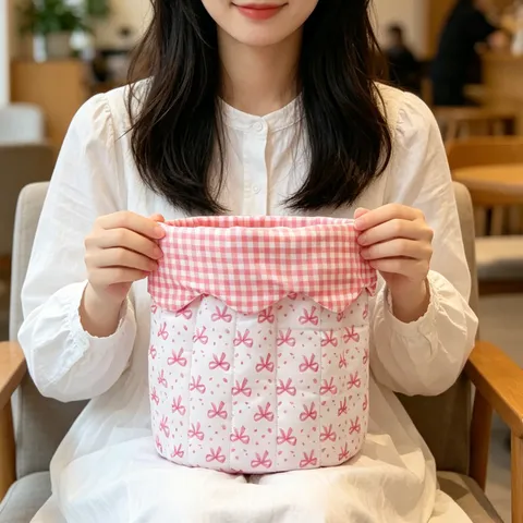 Ins Style Pink Bowknot Quilted Fabric Desktop Storage Basket For Stationery Cosmetics Scalloped Gingham Edge Home Organizer