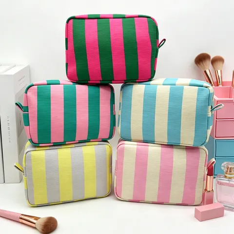 Bolsa de Maquillaje de Pana a Rayas Vintage Gran Capacidad Neceser de Viaje Portátil con Cremallera Organizador Cosmético Mujer
